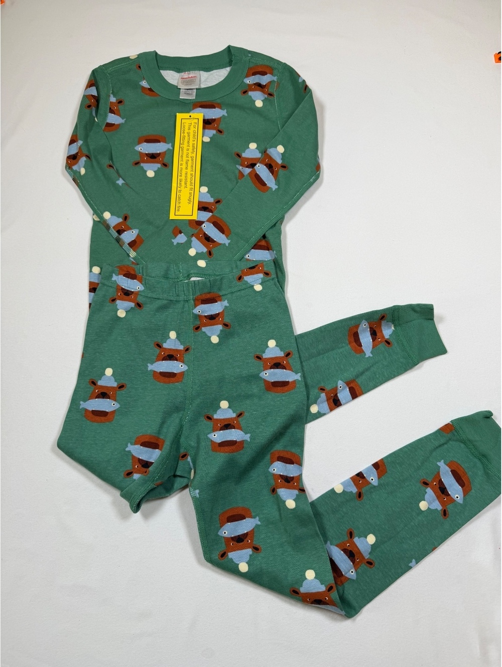 NWOT Hanna Andersson Organic Cotton Kids Pajama Set Size 6-7 Green with Bear